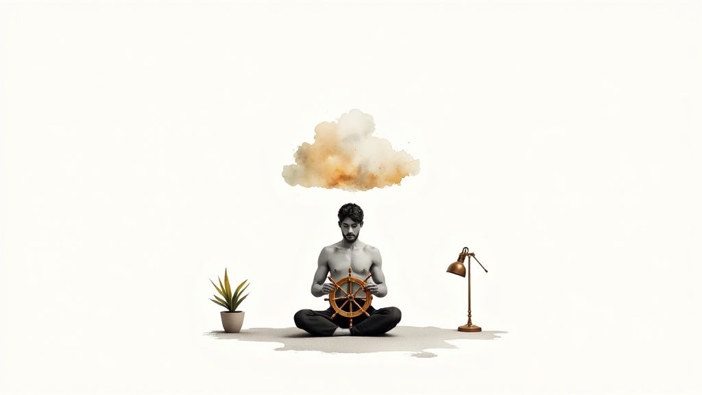 A man in meditation pose holding a ship's wheel under a watercolor cloud.