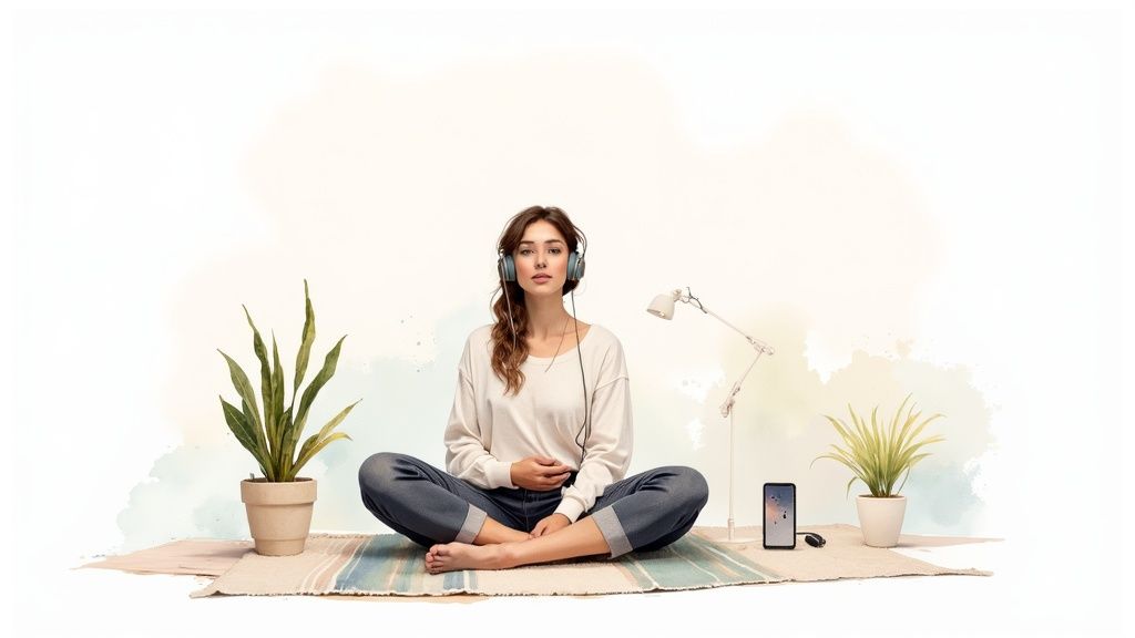 A young woman in headphones meditates on a mat, with plants, a lamp, and a phone nearby.