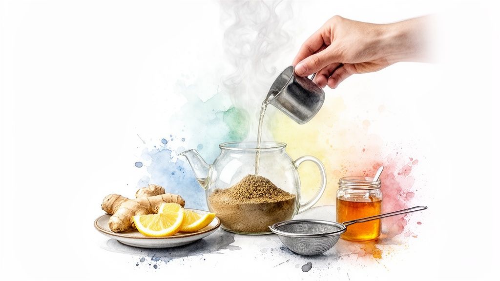 A hand pours hot water into a teapot with ginger powder, alongside fresh ginger, lemon, and honey.