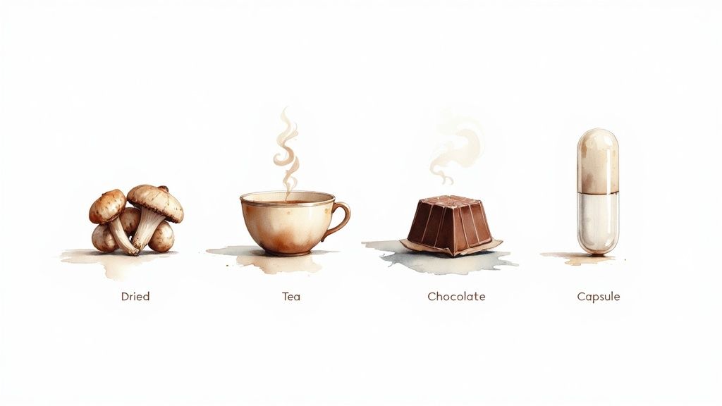 Watercolor illustrations show dried mushrooms, tea, chocolate, and a capsule, representing consumption methods.