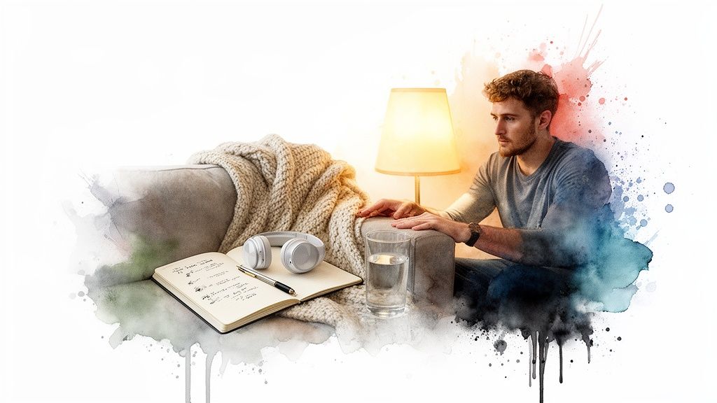 A man sits pensively on a couch with a notebook, headphones, and water, in a watercolor style.