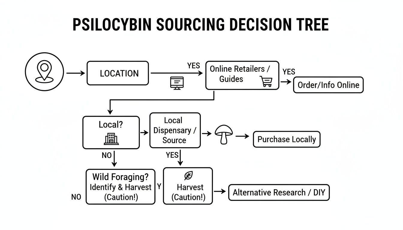 A psilocybin sourcing decision tree flowchart outlines options for acquiring psilocybin products online, locally, or through foraging.