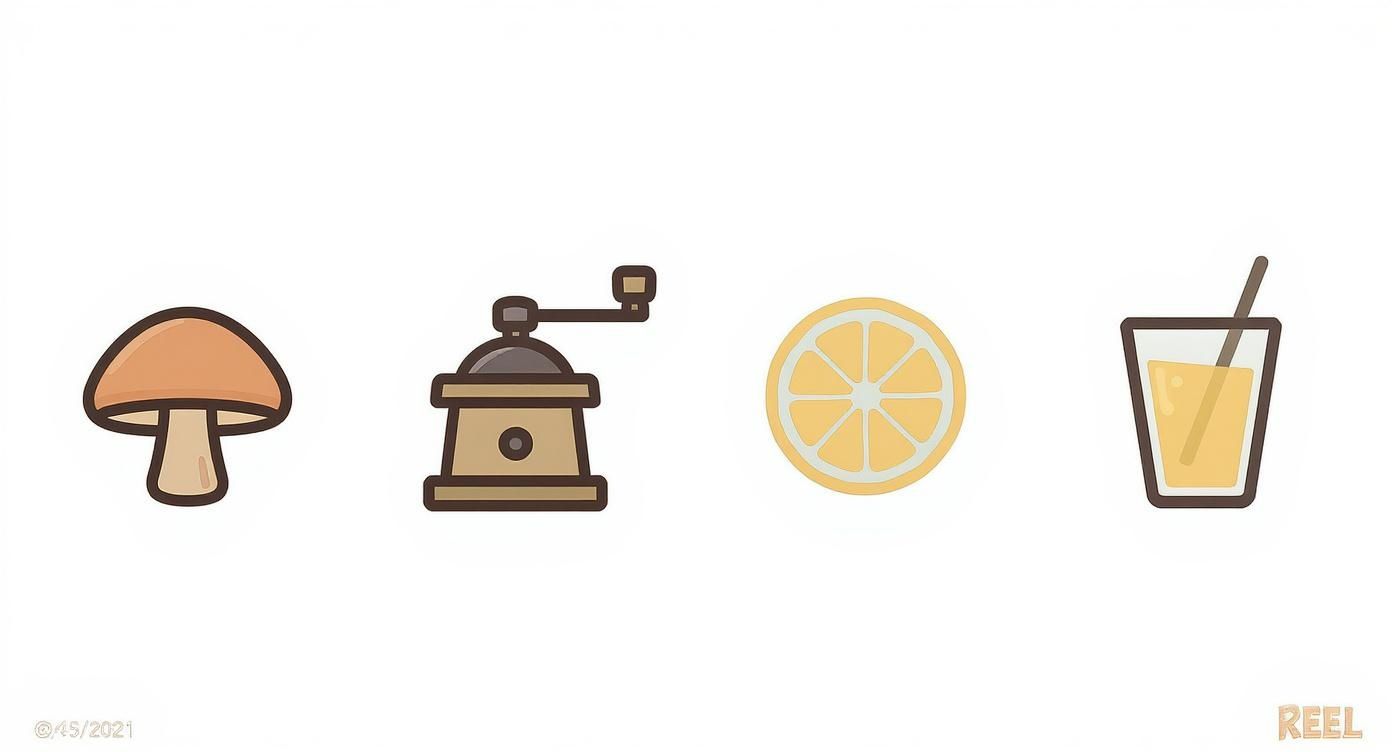 Four minimalist icons: a mushroom, a coffee grinder, a lemon slice, and a glass of juice.