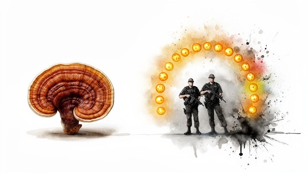 Reishi mushroom illustration alongside two armed soldiers with an arc of glowing golden orbs and watercolor splashes.