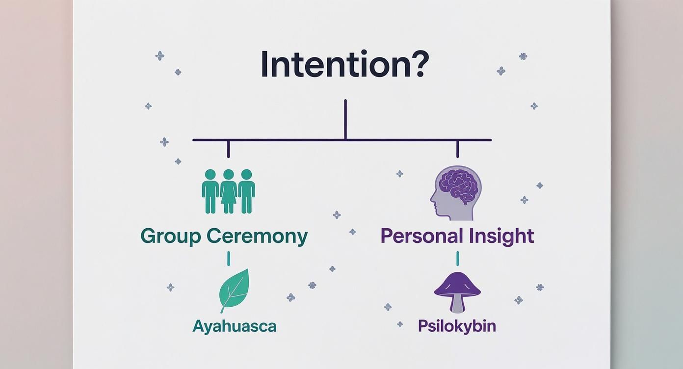 A diagram illustrates intentions for psychedelic use: group ceremony with Ayahuasca and personal insight with Psilocybin.