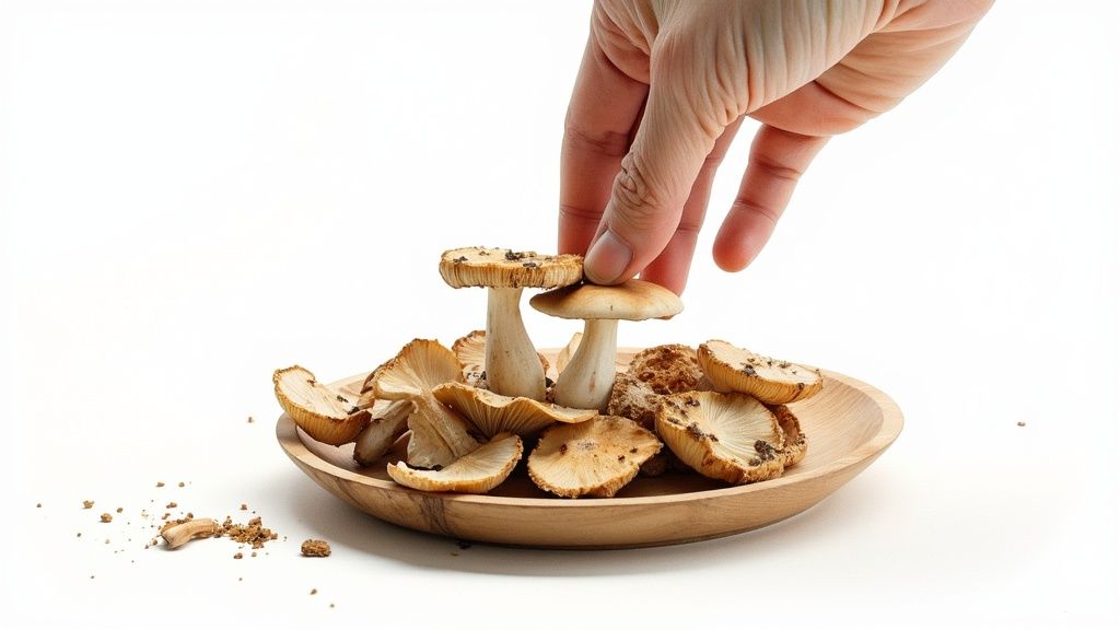 A hand places dried, beige mushrooms on a wooden plate against a white background.