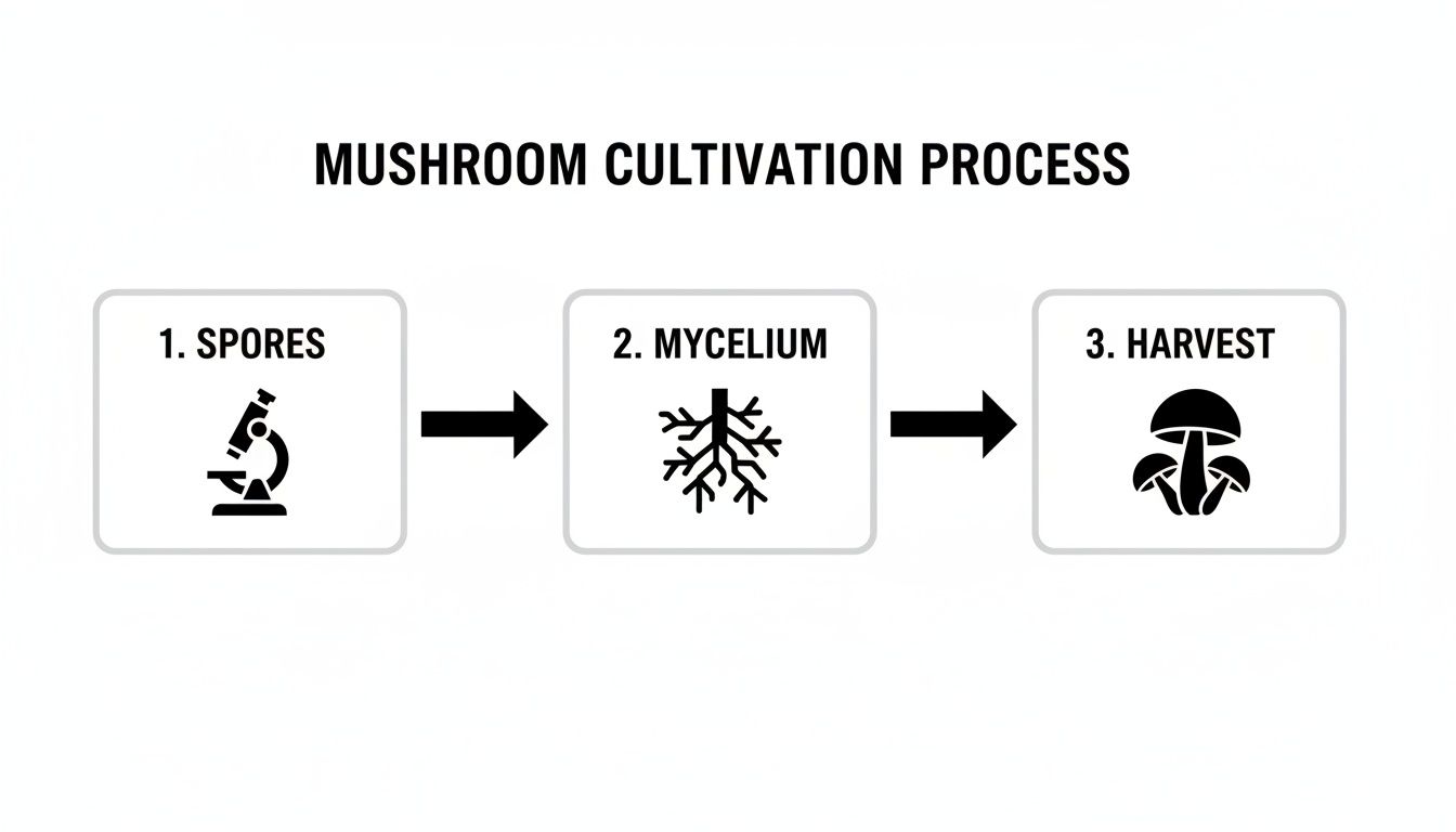 Diagram illustrating the three-step mushroom cultivation process: spores, mycelium growth, and harvest.