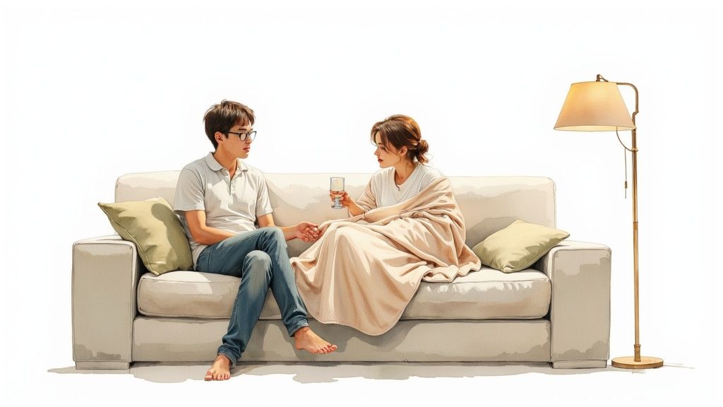 Couple sitting on beige sofa having an intimate conversation while holding hands together