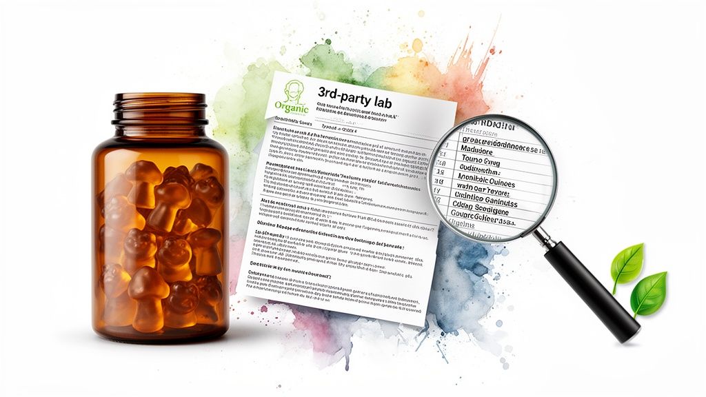 Amber bottle of mushroom gummies next to a magnified 3rd-party lab report, emphasizing quality testing.