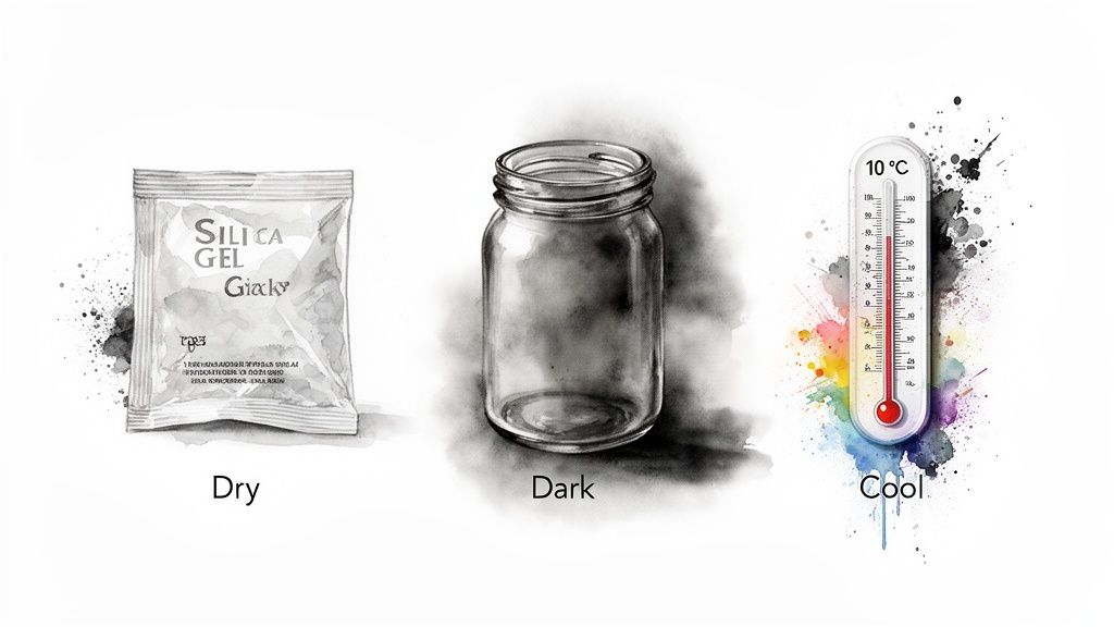 Illustration showing optimal storage conditions: dry with silica gel, dark with a jar, and cool at 10°C.