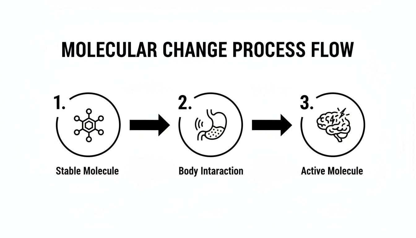 Flowchart illustrating a molecular change process from a stable molecule, through body interaction, to an active molecule.