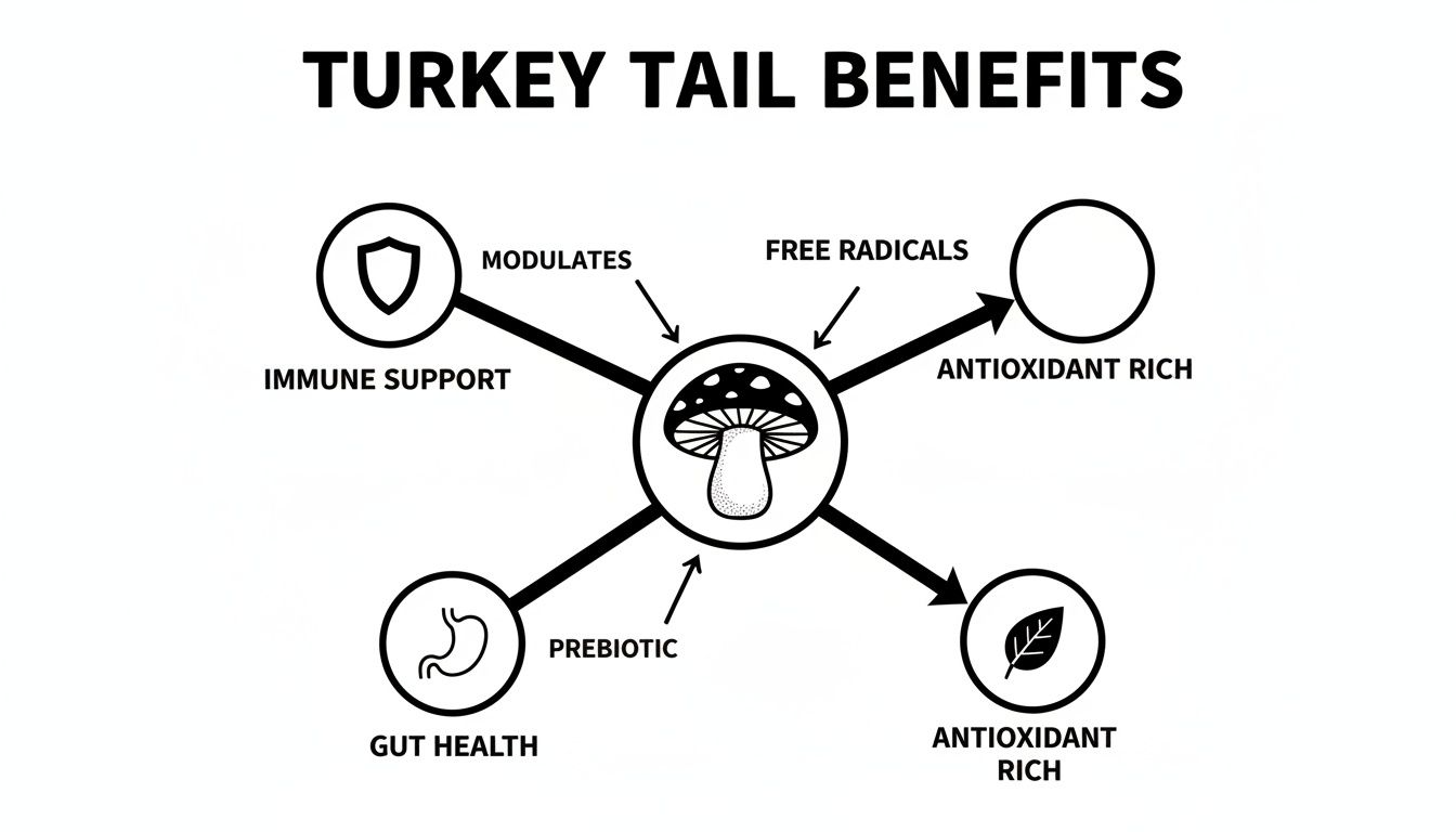 Diagram illustrating the health benefits of Turkey Tail mushrooms: immune support, gut health, and antioxidant rich.