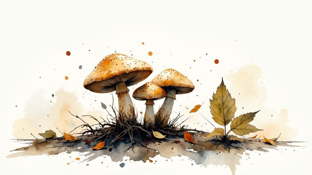 Watercolor illustration of wild mushrooms growing among fallen autumn leaves and forest debris