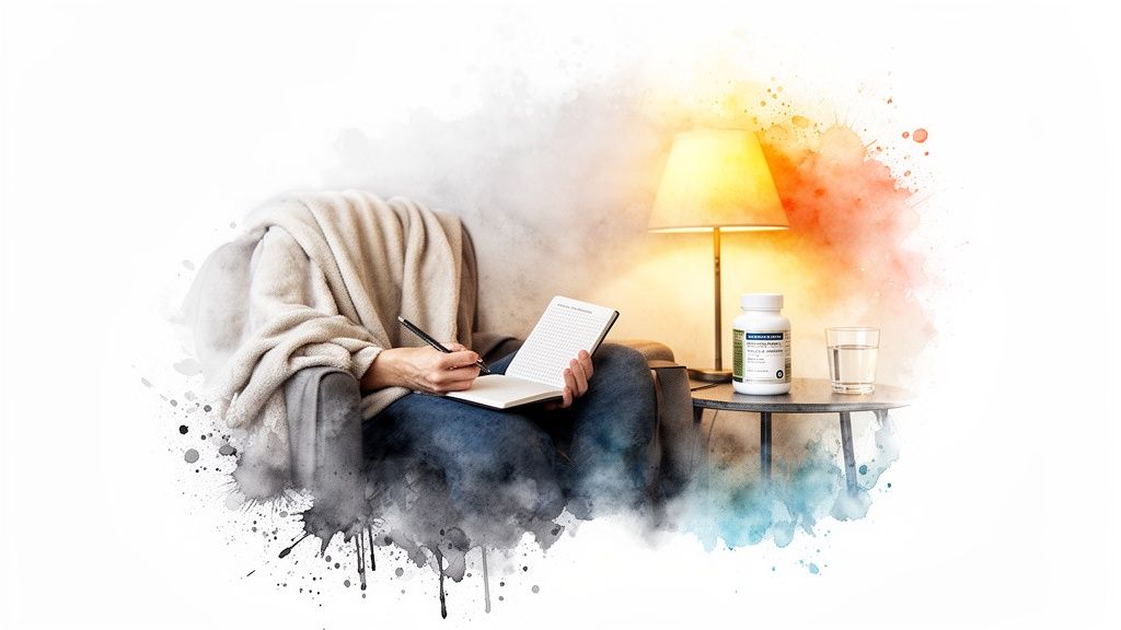 A person writing in a notebook while sitting in an armchair with a supplement bottle and water nearby.