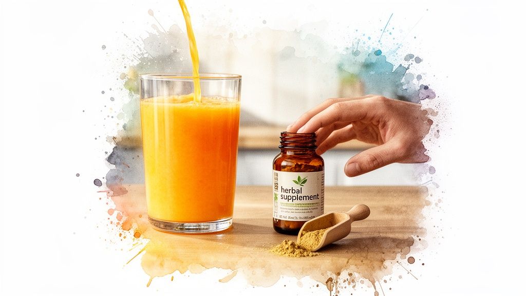 Orange juice being poured into a glass, next to a hand reaching for a herbal supplement bottle and powder.