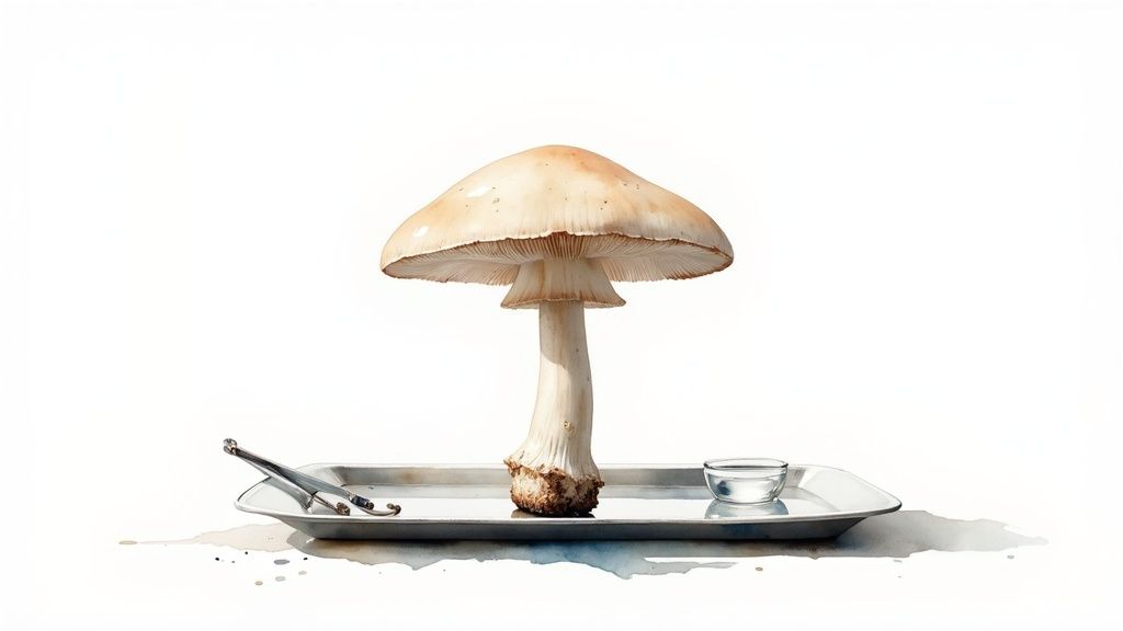 A watercolor illustration of a large mushroom on a silver tray with scientific tools.