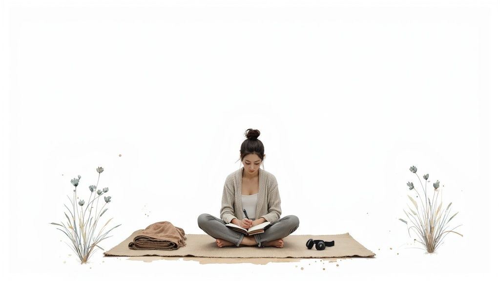 Woman sitting on mat journaling peacefully in minimalist setting with plants
