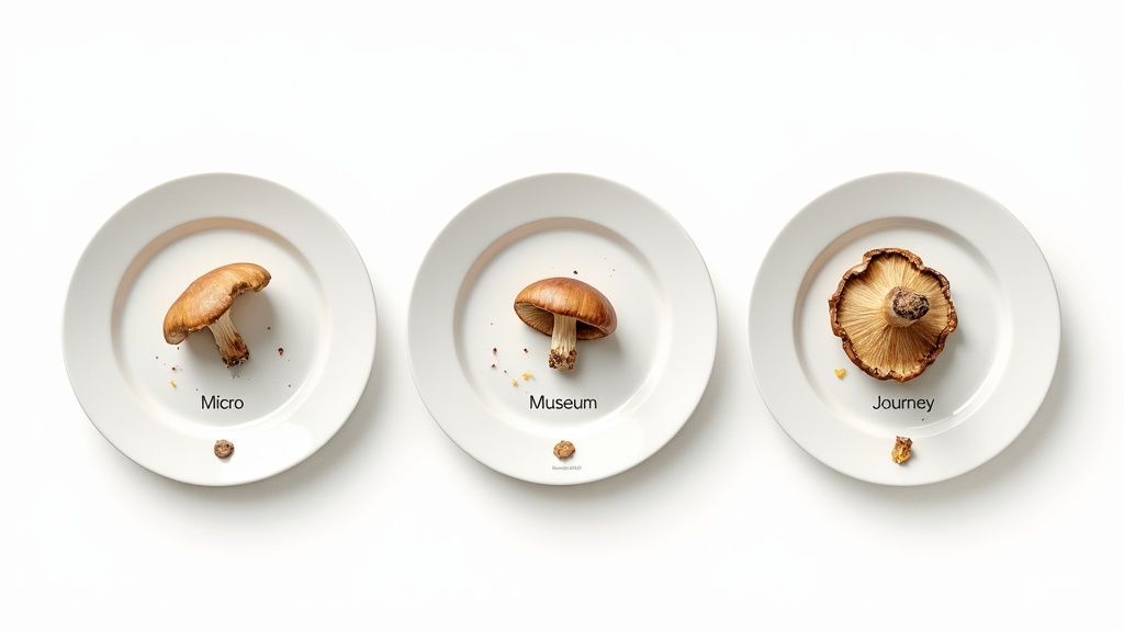 Three white plates display individual mushrooms with text 'Micro', 'Museum', 'Journey' on a clean white background.