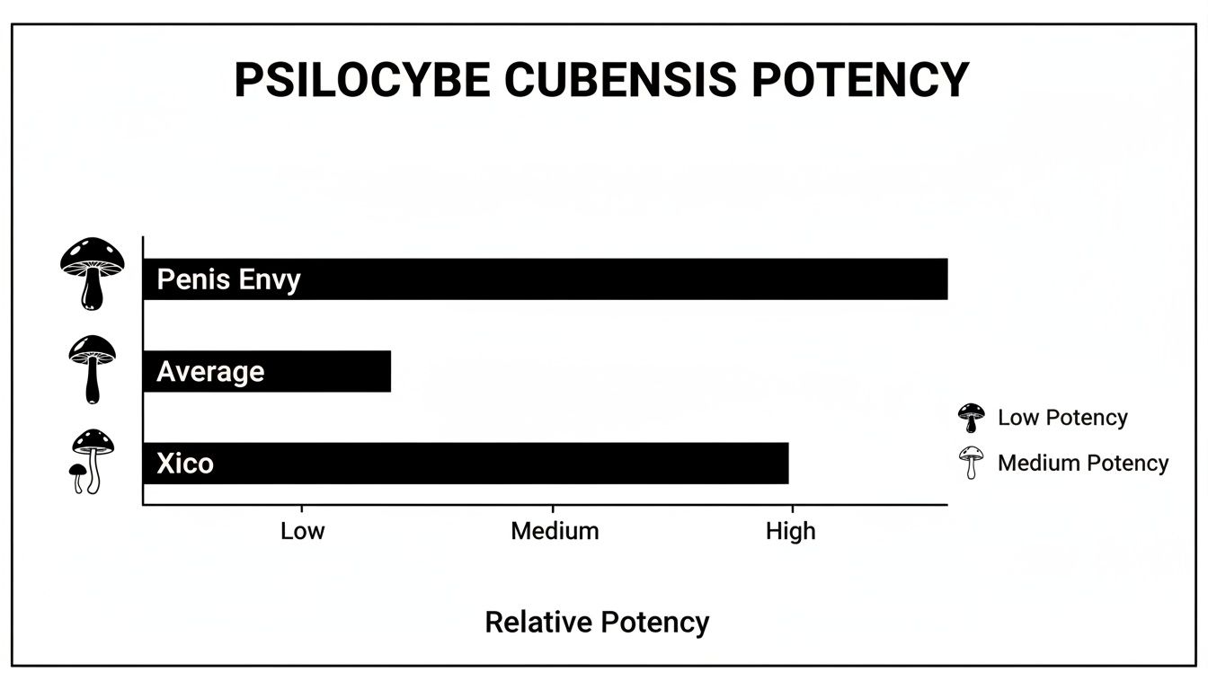 Bar chart comparing the relative potency of Psilocybe Cubensis strains: Penis Envy, Average, and Xico.