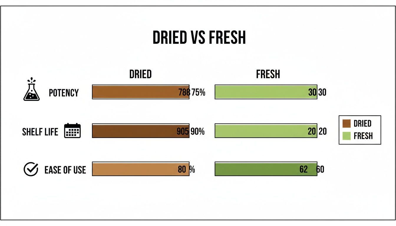 Bar chart comparing dried versus fresh product characteristics across potency, shelf life, and ease of use.