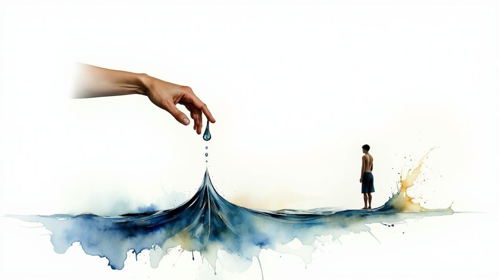 A large hand gently releases a single water droplet into a blue watercolor ocean where a person stands.