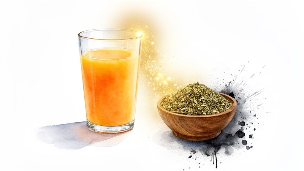 A glass of bright orange juice next to a wooden bowl filled with dried green herbs, sparkling.