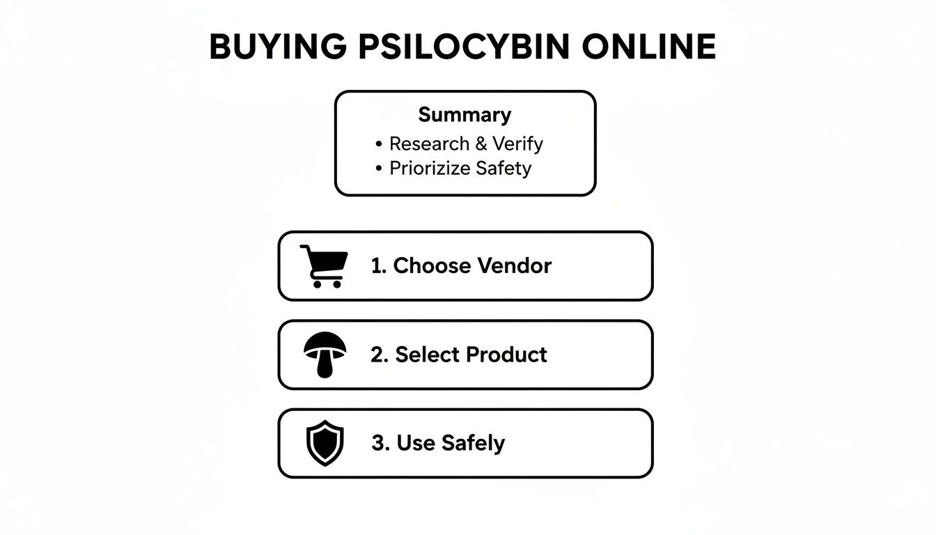 A flowchart outlining steps for buying psilocybin online, including vendor selection, product choice, and safe use.