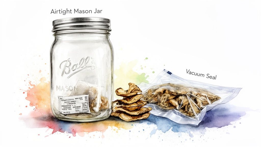 Illustration comparing an airtight mason jar and a vacuum seal bag for storing dried mushrooms.