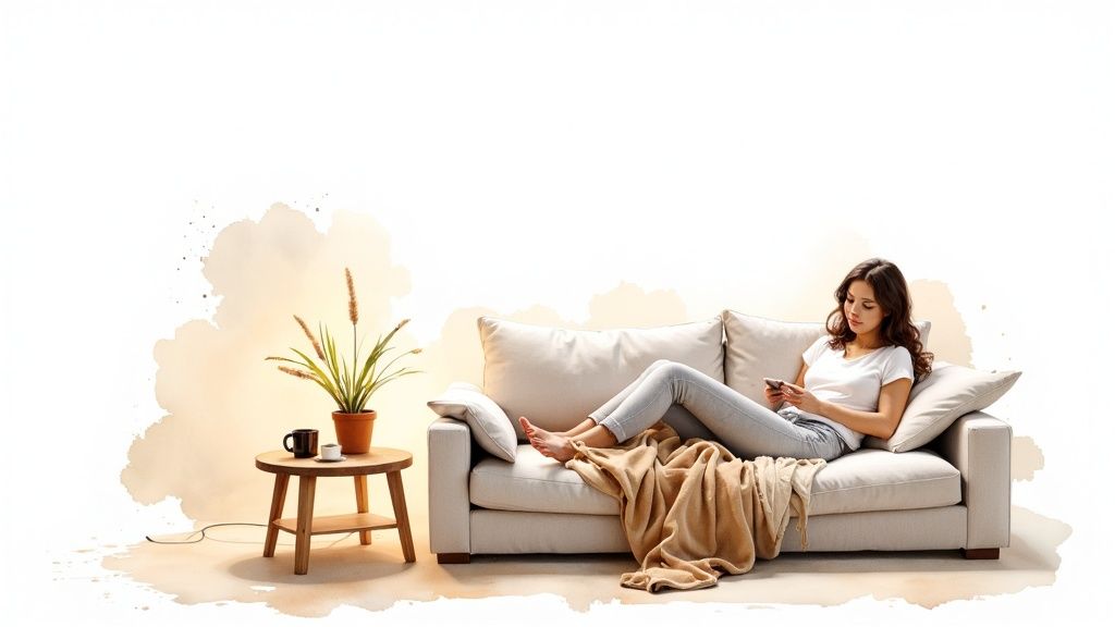 A woman relaxes on a beige sofa, scrolling on her phone, with a plant and mugs on a side table.