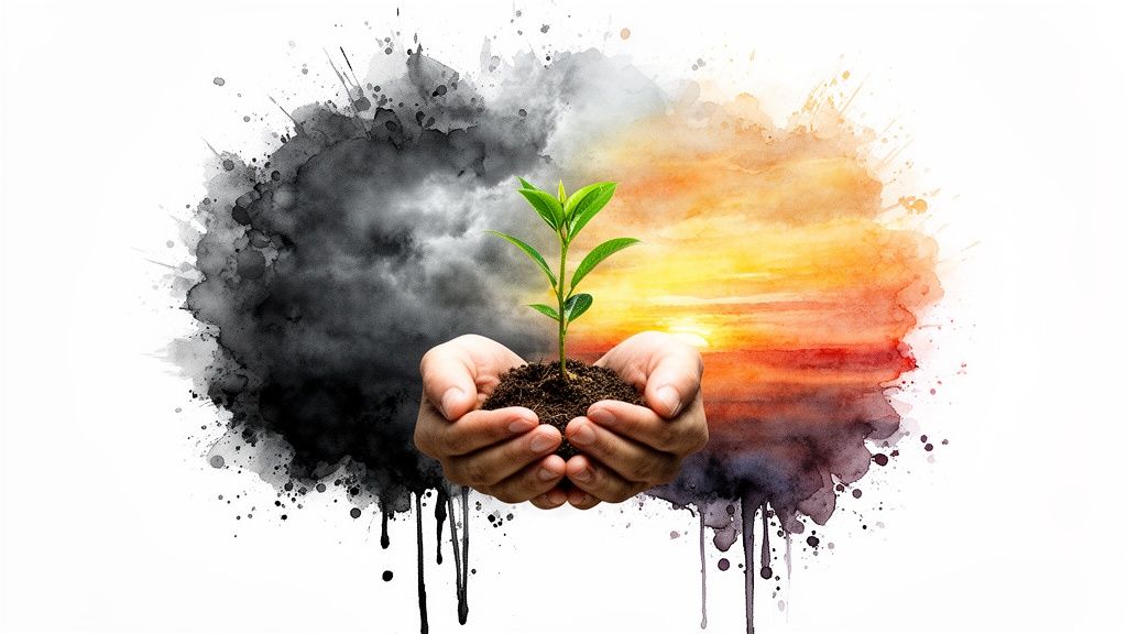 Hands gently cup a small green seedling against a watercolor background of dark clouds and vibrant sunset.