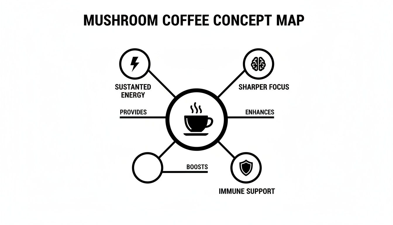 A concept map illustrating the benefits of mushroom coffee: sustained energy, sharper focus, and immune support.