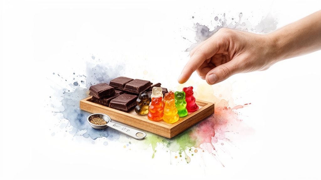A hand points at colorful gummy bears and chocolate on a tray, with seeds in a measuring spoon.