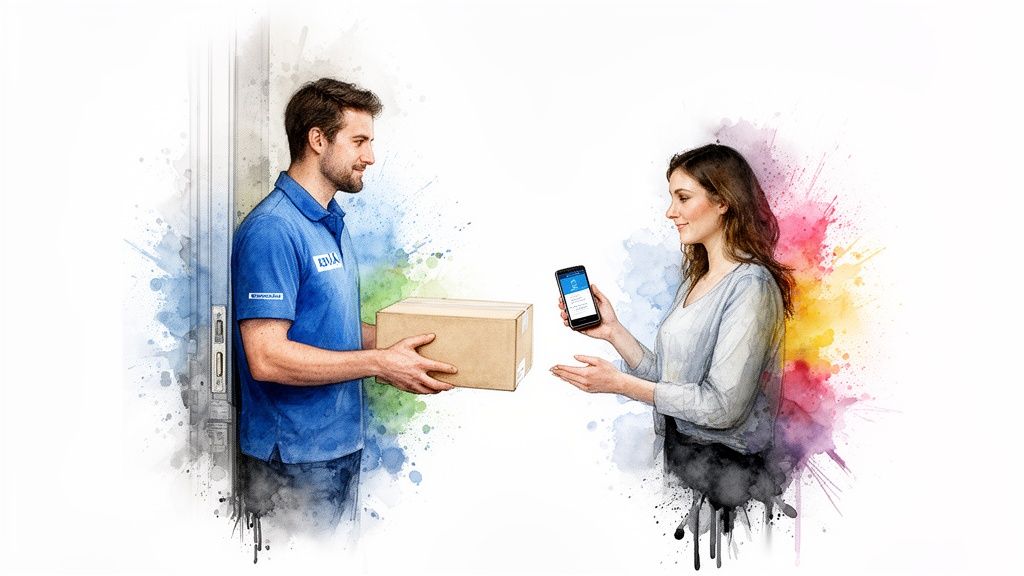 A delivery person hands a package to a smiling woman holding a smartphone, illustrated with watercolor splashes.