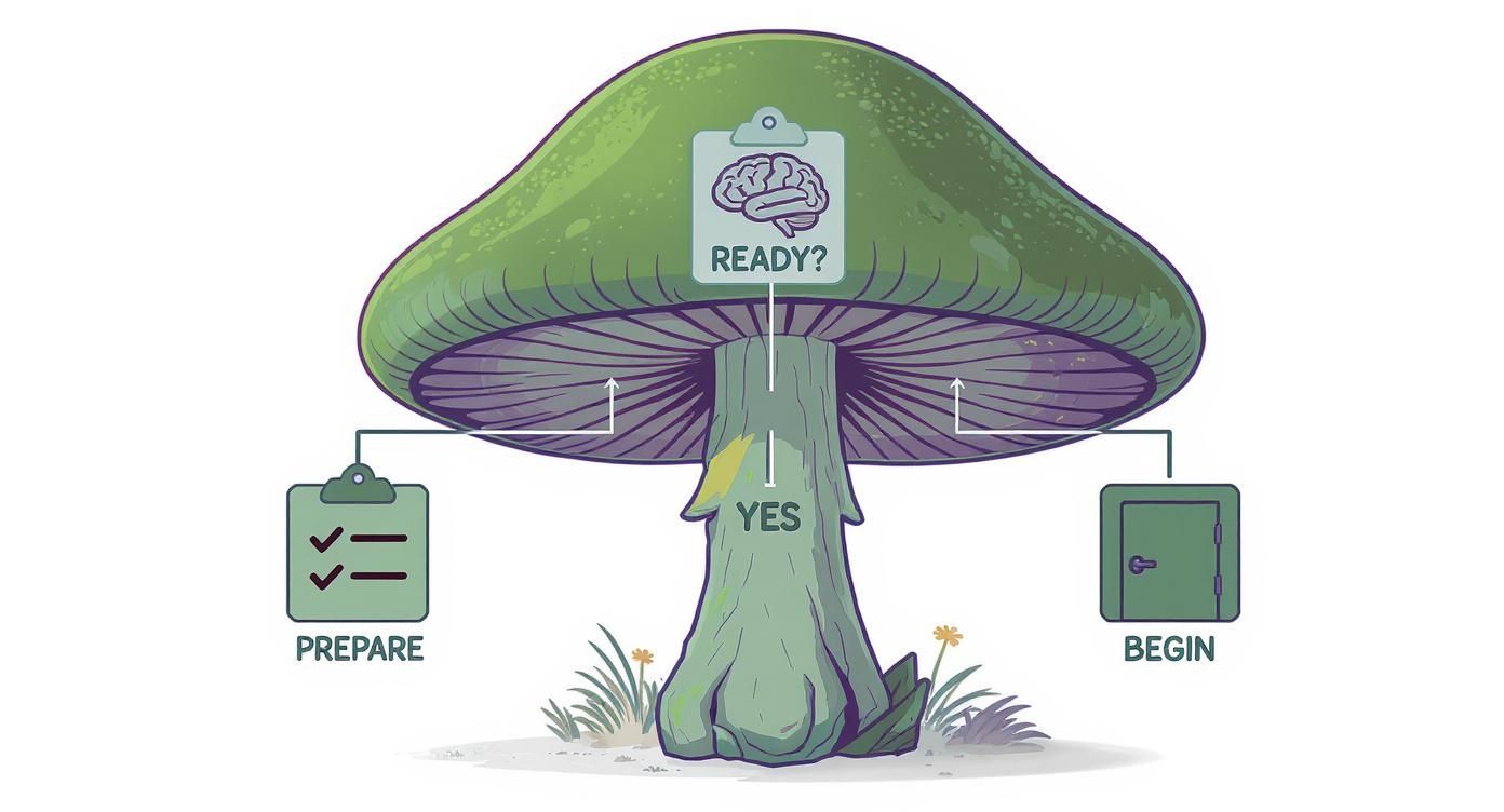 Illustrated mushroom diagram showing psychedelic trip preparation stages with ready, prepare, yes, and begin labels