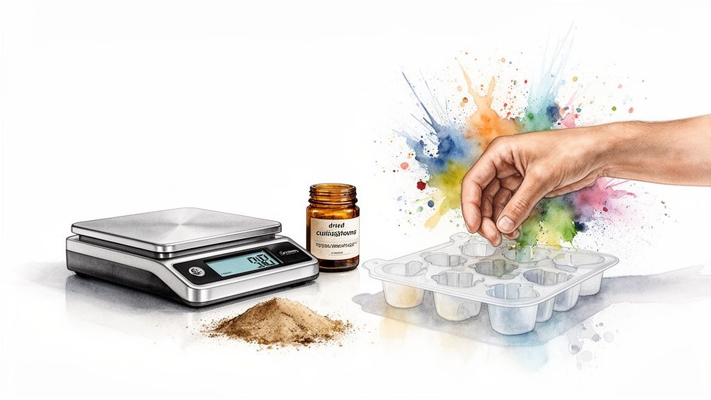 A hand places dried psilocybe mushroom powder into a mold next to a digital scale.