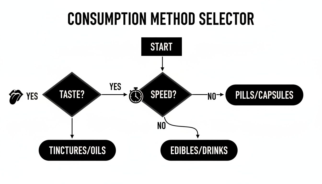 A flowchart titled 'Consumption Method Selector' guiding choices based on taste and speed preferences.