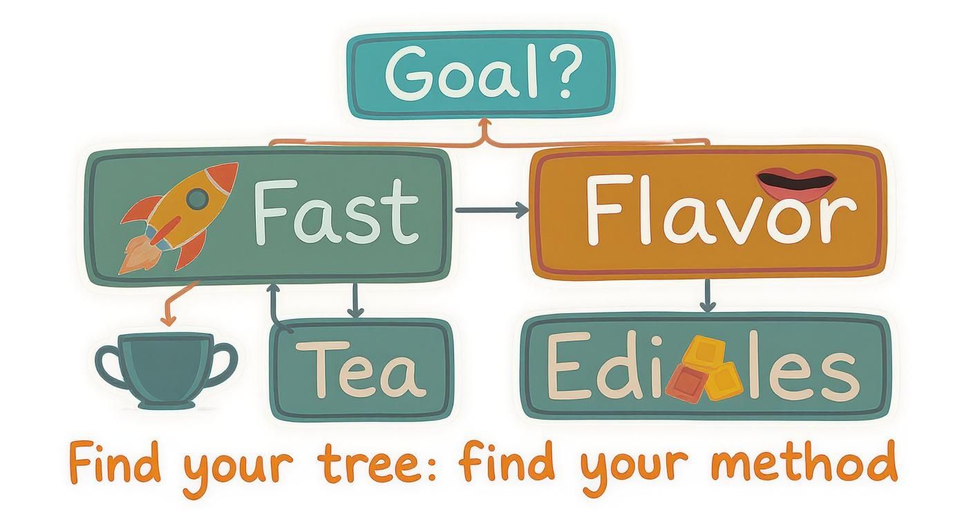 A colorful flowchart titled 'Find your tree: find your method' illustrating consumption choices like Fast or Flavor.