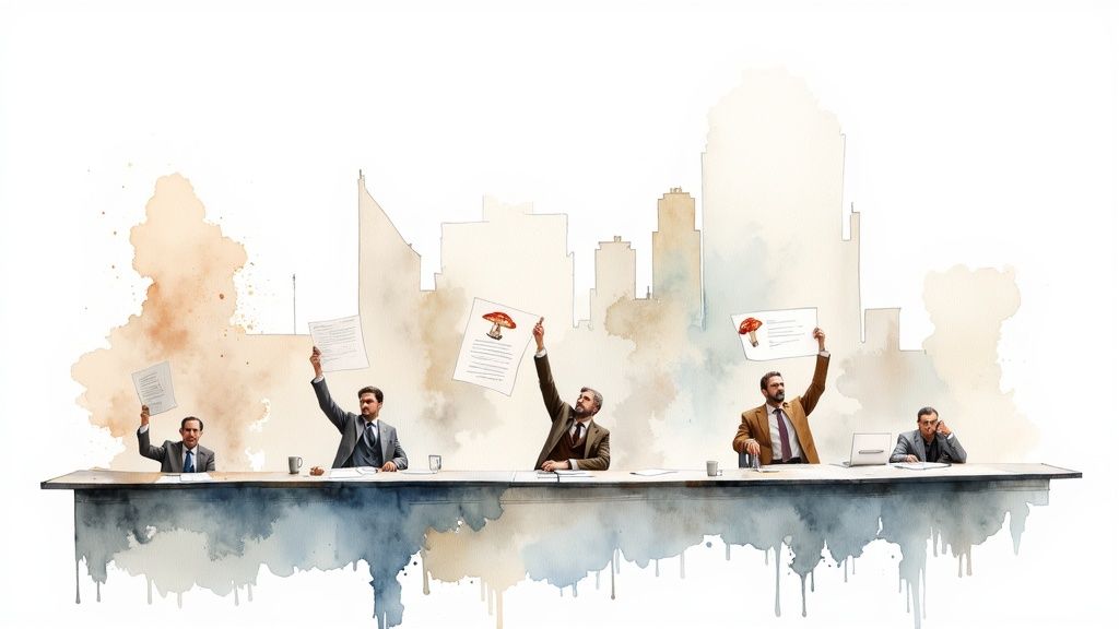 Watercolor illustration of businessmen holding papers, some with psilocybin mushrooms, at a meeting table.