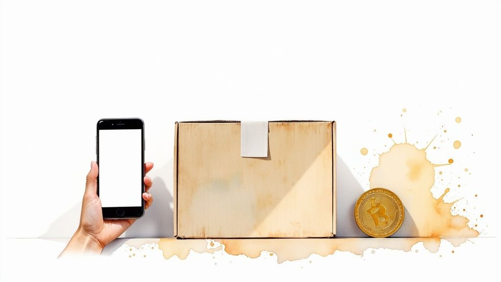 A hand holds a smartphone next to a cardboard box and a golden cryptocurrency coin on a white background with watercolor splatters.