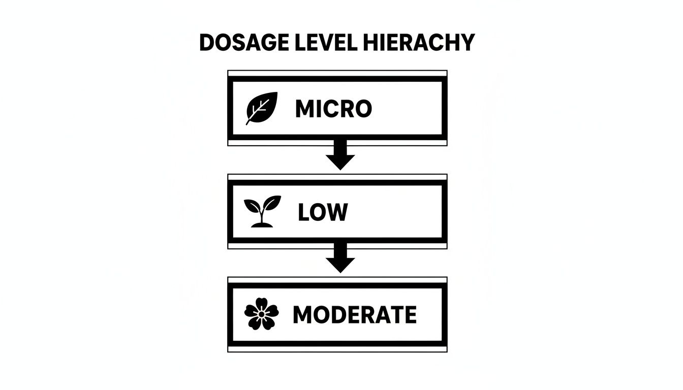 A dosage level hierarchy chart showing Micro (leaf), Low (seedling), and Moderate (flower) levels.