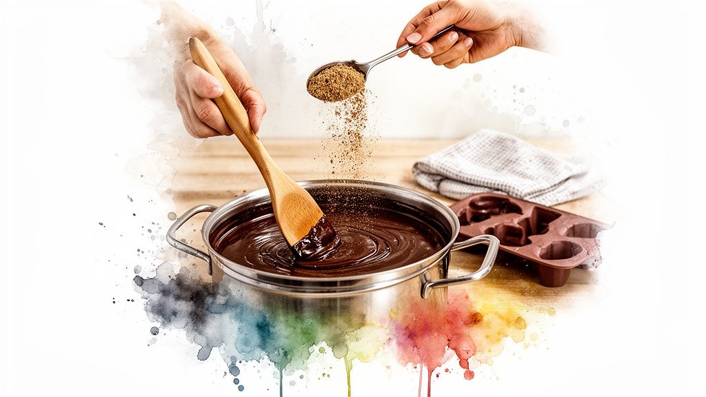 Hands stirring melted chocolate in a pot while adding brown sugar, next to a chocolate mold.