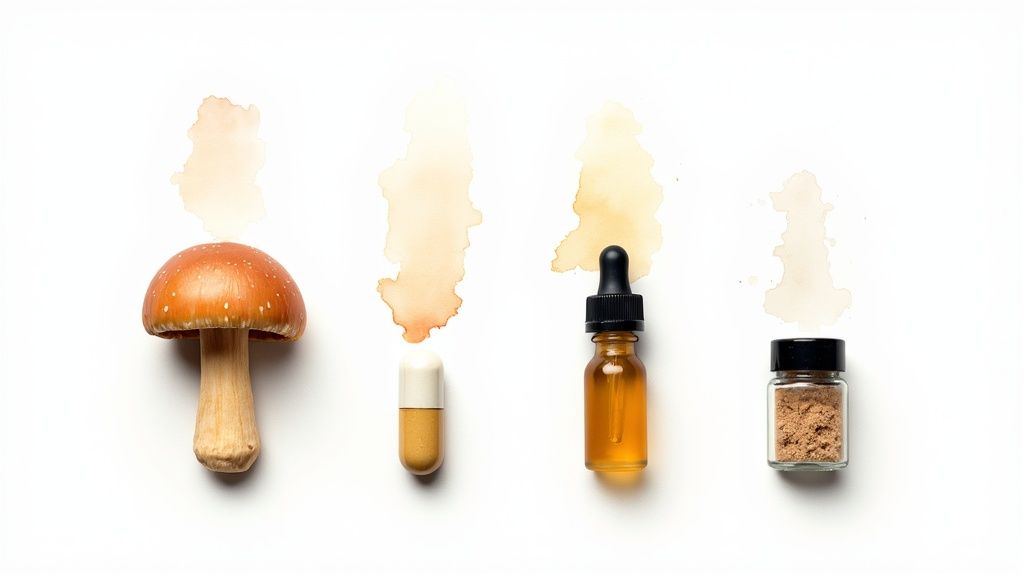 Four mushroom-derived products: whole mushroom, capsule, liquid dropper bottle, and powder jar, on white.
