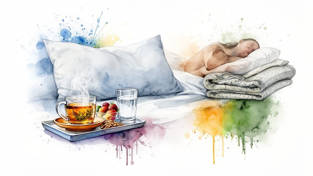 A watercolor illustration of a person sleeping soundly in bed with a tray of tea and fruit.