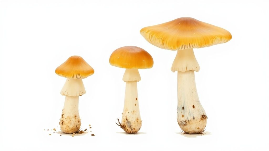 Three golden teacher magic mushrooms showing growth stages from small to large on white background