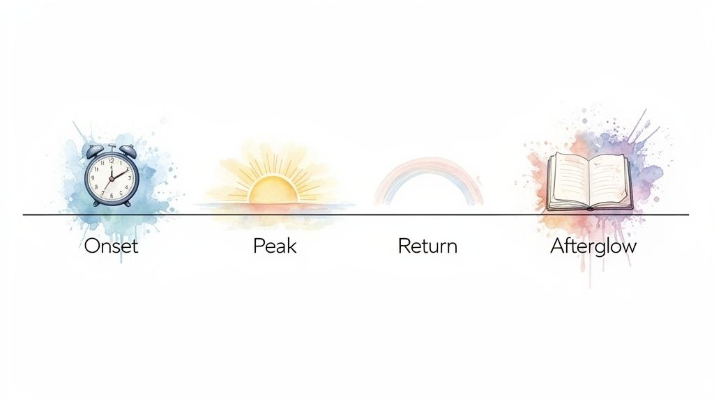 Watercolor illustrations representing Onset (alarm clock), Peak (sunrise), Return (rainbow), and Afterglow (open book) stages.