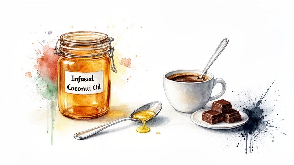 Watercolor illustration of an infused coconut oil jar, spoon with oil, coffee cup, and chocolate squares.
