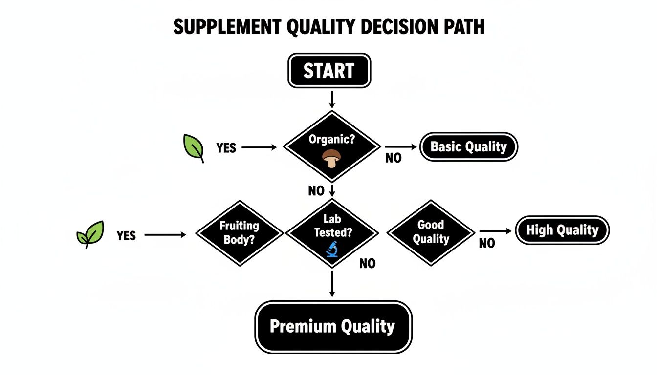 Flowchart illustrating a supplement quality decision path based on organic, fruiting body, and lab testing criteria.