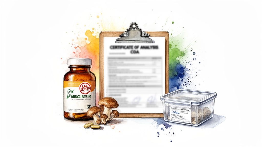 Mushroom extract bottle, fresh mushrooms, Certificate of Analysis, and lab container for quality testing.