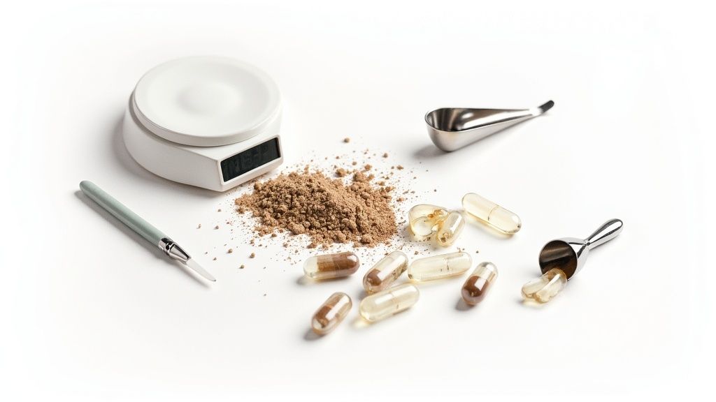 A digital scale, brown powder, various capsules, and tools on a white surface for supplement preparation.
