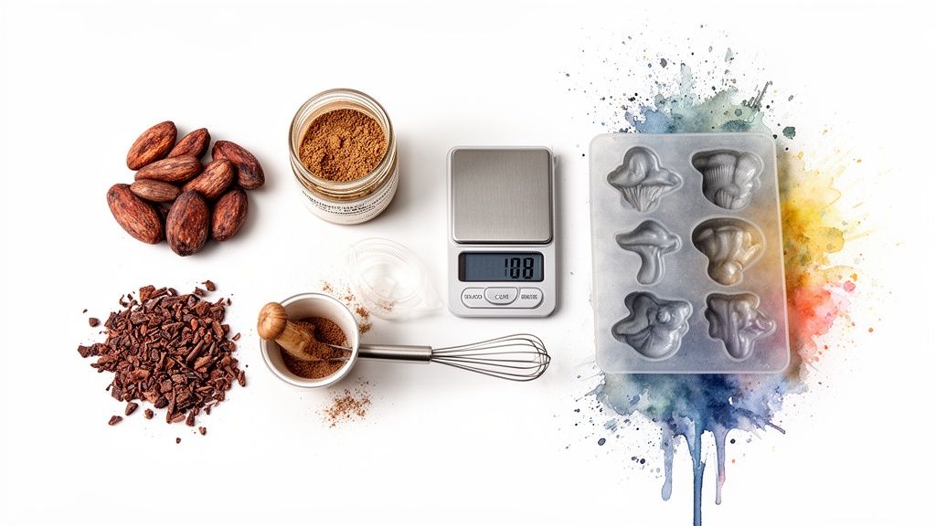 Cacao beans, nibs, cocoa powder, a digital scale, and mushroom chocolate molds on a white background.